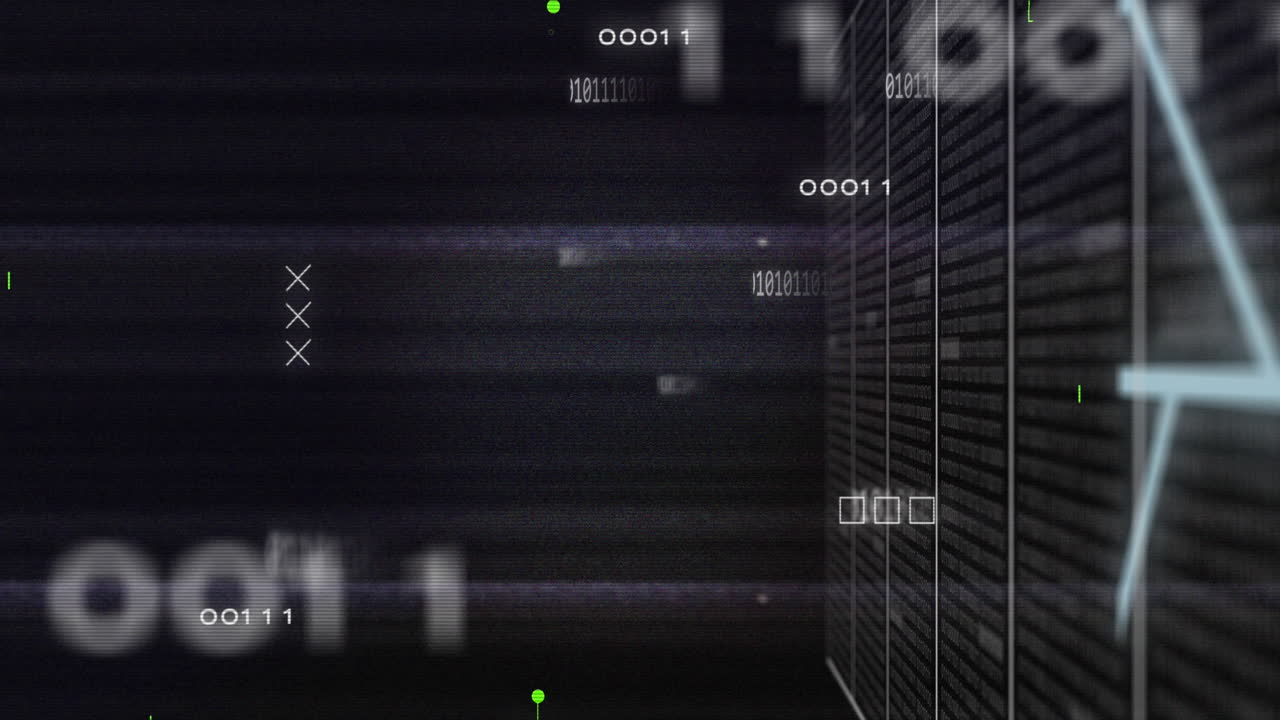 animation von binärcodes und leiterplattenmuster mit server-racks vor schwarzem hintergrund