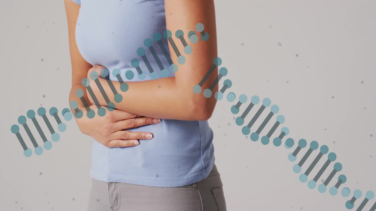 sosteniendo el estómago, persona que experimenta dolor con animación de cadena de adn sobre ellos