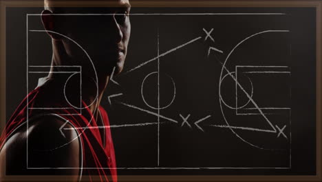 animación del dibujo del plan de juego sobre un jugador de baloncesto biracial