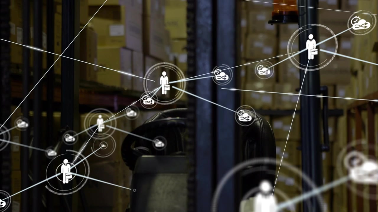 Animazione di una rete di connessioni su un magazzino vuoto.