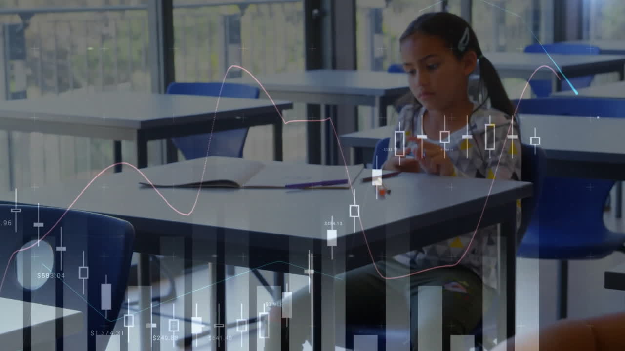 animación de múltiples gráficos sobre diversas niñas escribiendo el examen en el aula