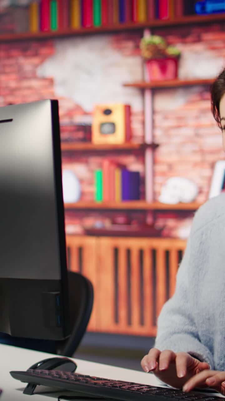 Vertical video Teamworking cheerful call center agents tracking shipments in office