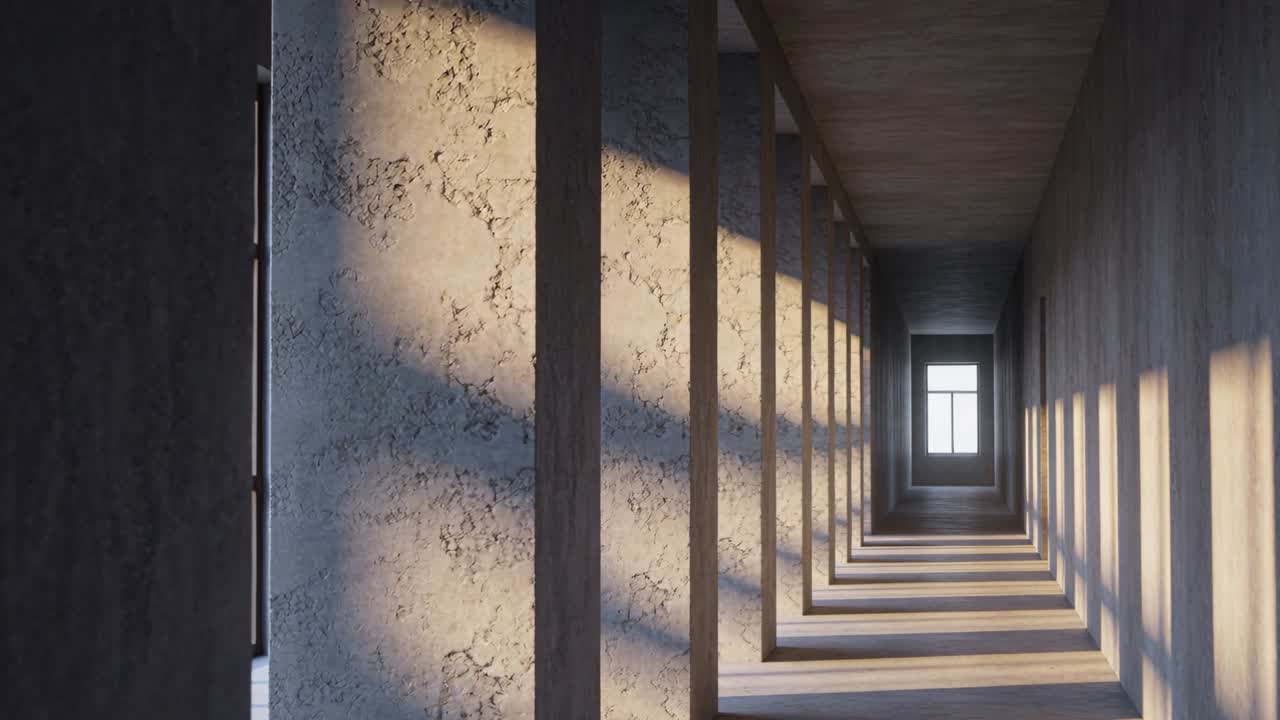 La telecamera si sposta, rivelando un lungo corridoio in cemento che conduce a una finestra centrale, mostrando un'apertura laterale e un'ombra.