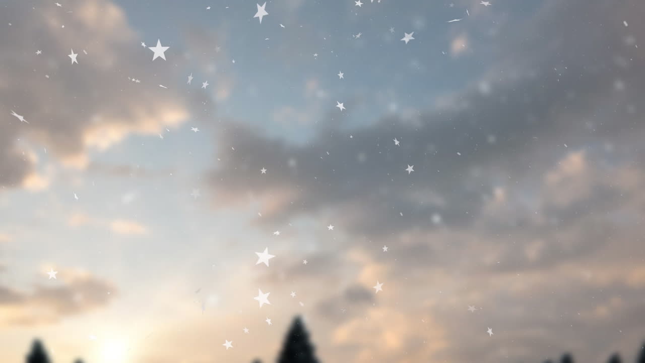 Cloudy sky with falling star animation over silhouette of tree