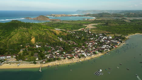 Gerupuk-Beach-in-central-Lombok-in-Indonesia,-aerial-view