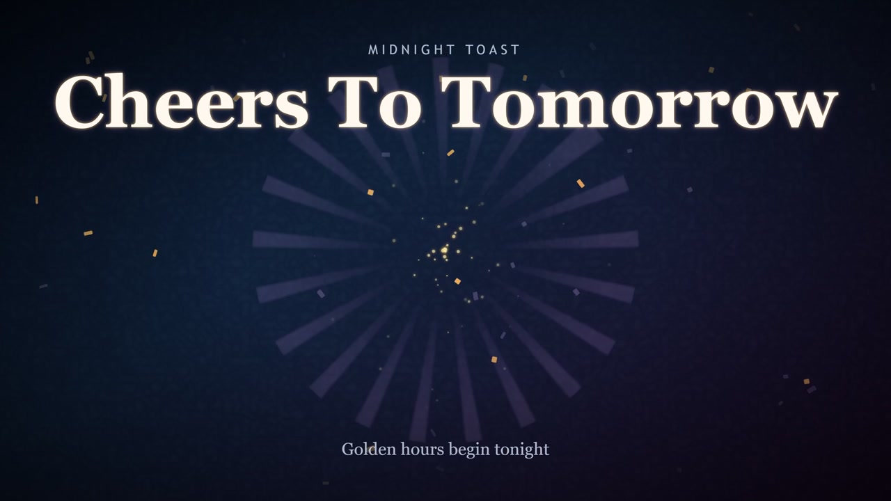 Animation typographique élégante pour les fêtes avec des particules lumineuses et des rayons rayonnants, idéale pour le Nouvel An ou les célébrations festives.