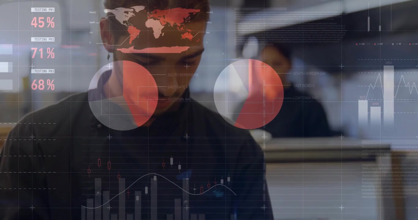 Restaurant chef activating clear data overlay while writing notes and tracking metrics with charts