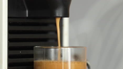 preparar un espresso desde una máquina cafetera llenando un vaso transparente
