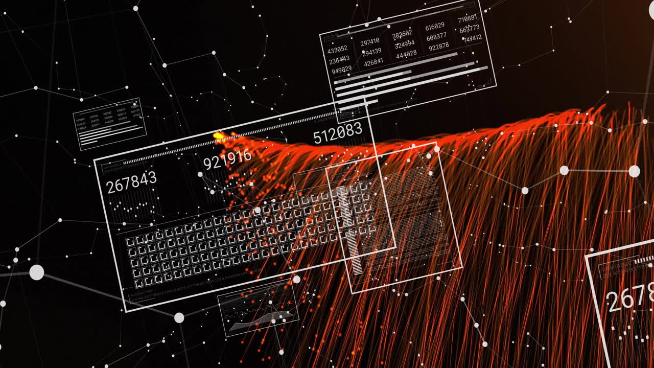 Animation of graphs, changing numbers, loading squares over connected dots and abstract pattern