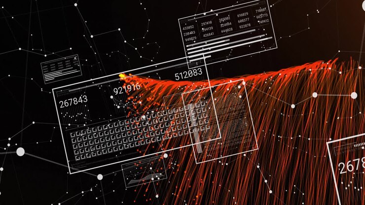 Animation of graphs, changing numbers, loading squares over connected dots and abstract pattern