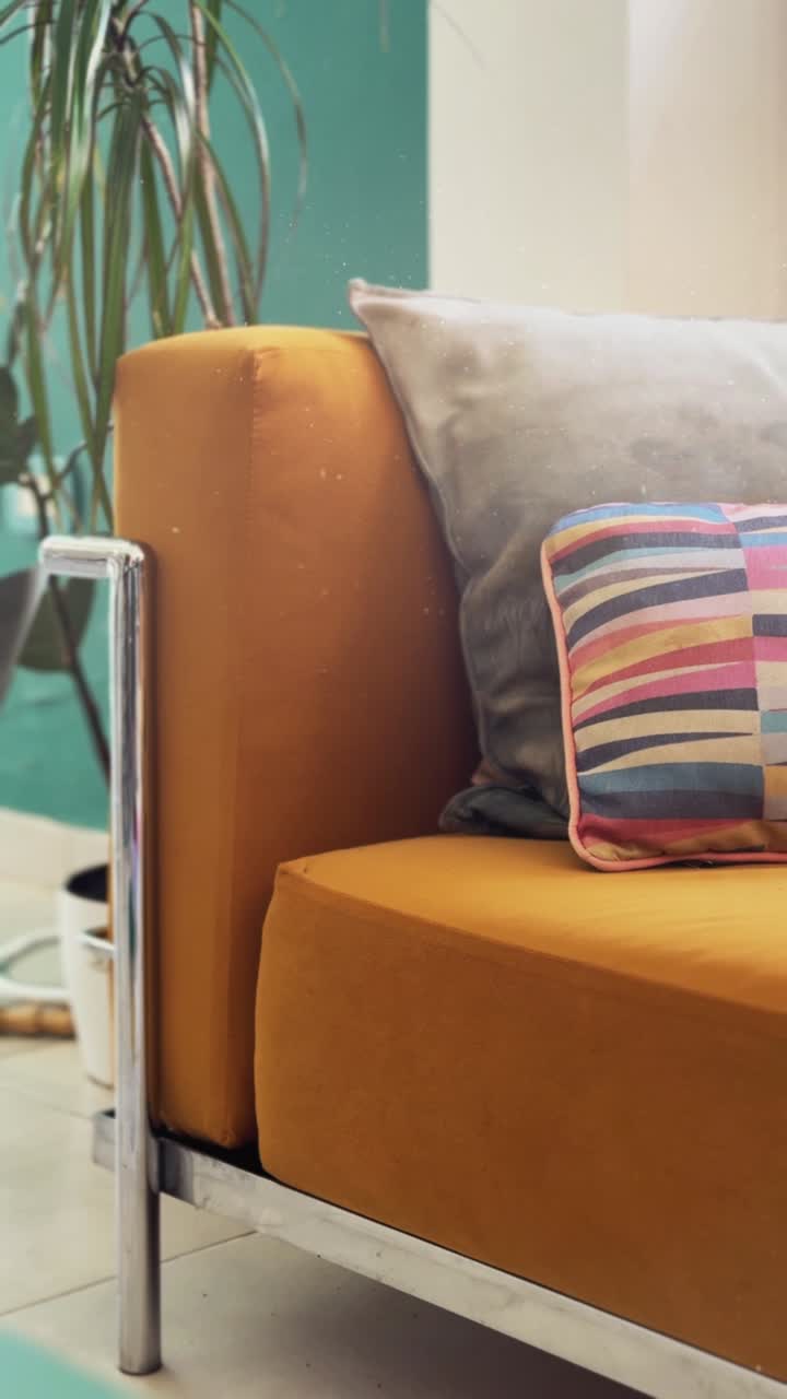 Close-up of Modern Sofa with Colorful Pillows in Interior