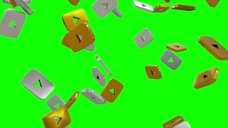 botones de reproducción plateados y dorados de youtube simulación de caída en pantalla verde con mate alfa