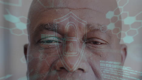 animation of chemical formula with padlock icon and data processing over african american man