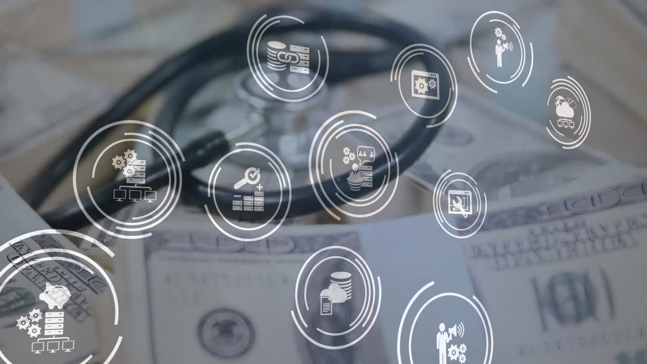 Animation of business icons over stethoscope and banknotes
