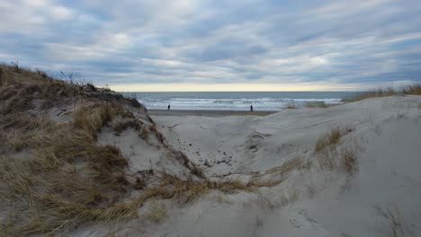 aerial of dunes on a beach with people walking on a cloudy day