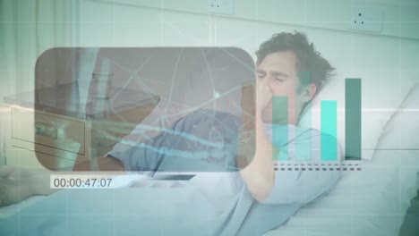 animation of digital screen with biological data over caucasian male patient in hospital bed