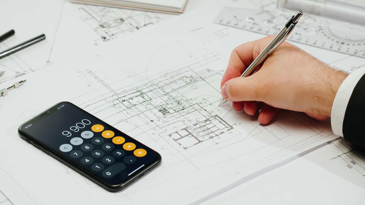 A person uses a smartphone calculator while working on architectural blueprints