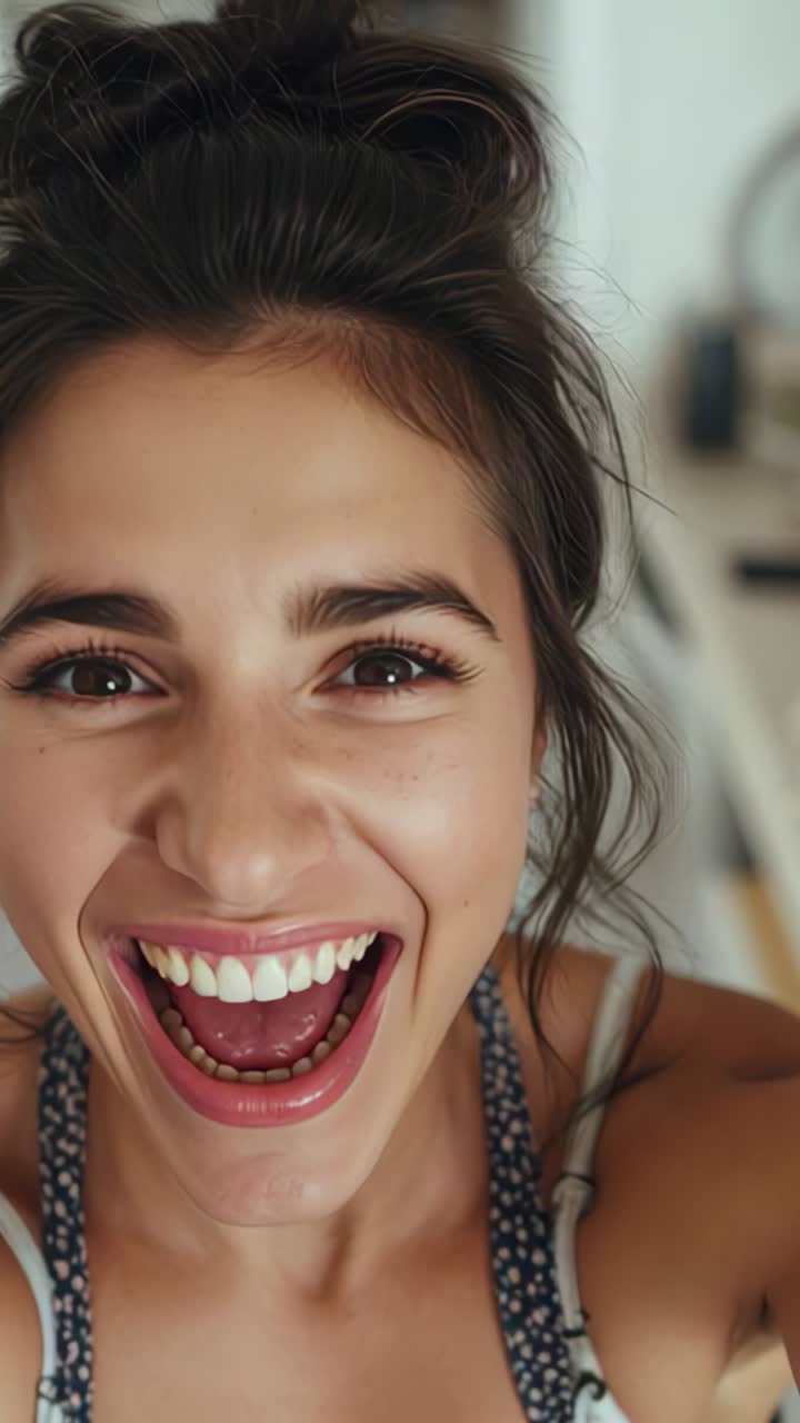 Vertical video: Laughing at offscreen joke woman filming shifting smile at home, with smartphone