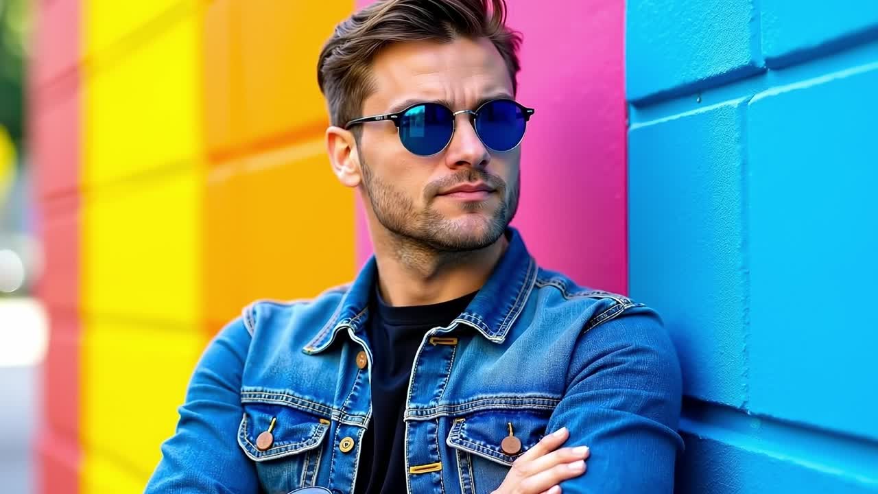 A man leaning against a colorful wall with his arms crossed