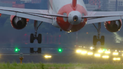 airplane landing at city airport