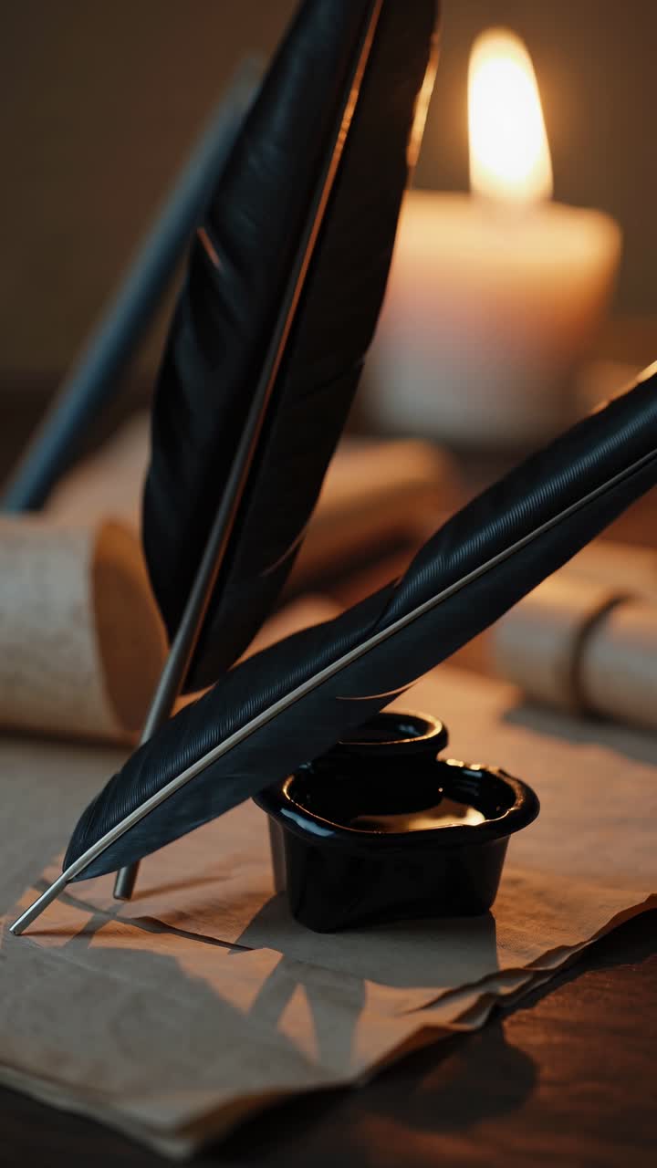 Close-up, moody video scene of a quill and ink set on parchment, with a warm candle glow