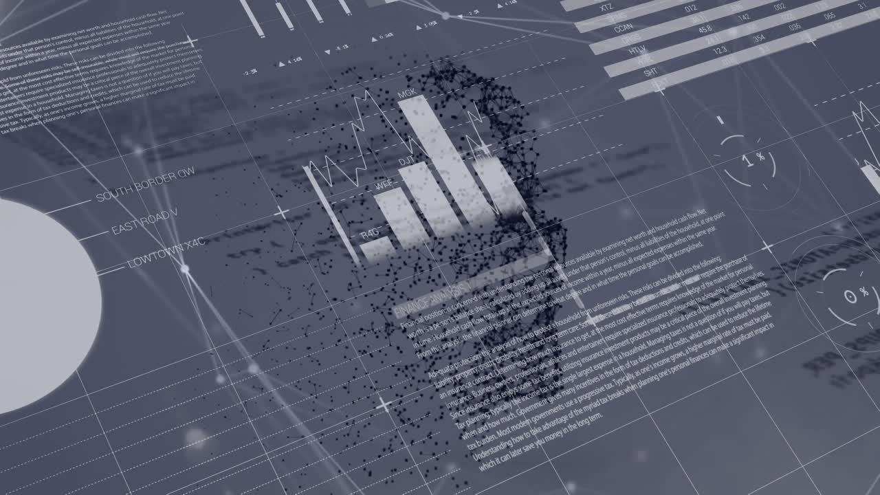 Animation of financial data processing, graphs, charts, lock on graphic interface