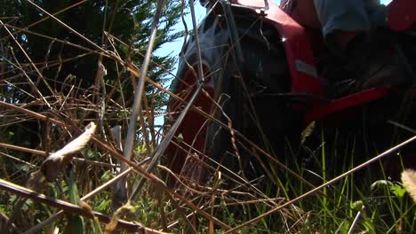 a man mowing with a small tractor drives past the camera