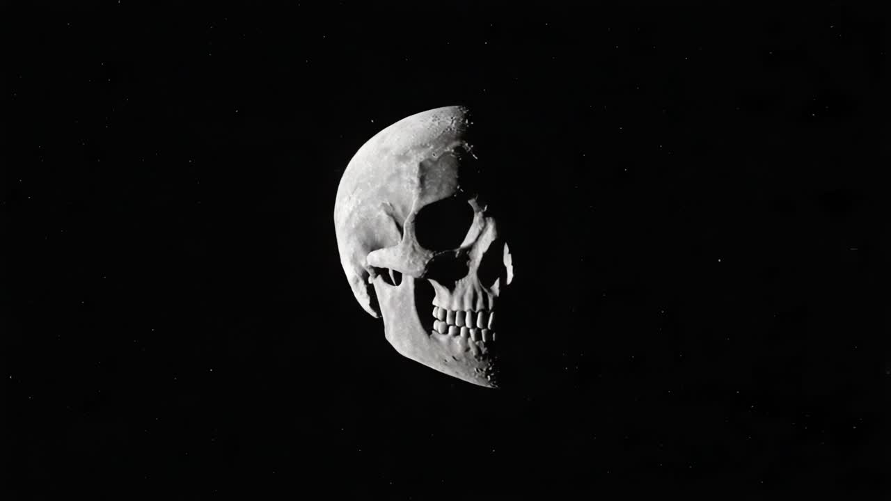 A Haunting Fusion of Death and Cosmic Mystery: A Skull and Moon Blend in a Stellar Abyss, Capturing the Intrigue of the Universe's Dark Side