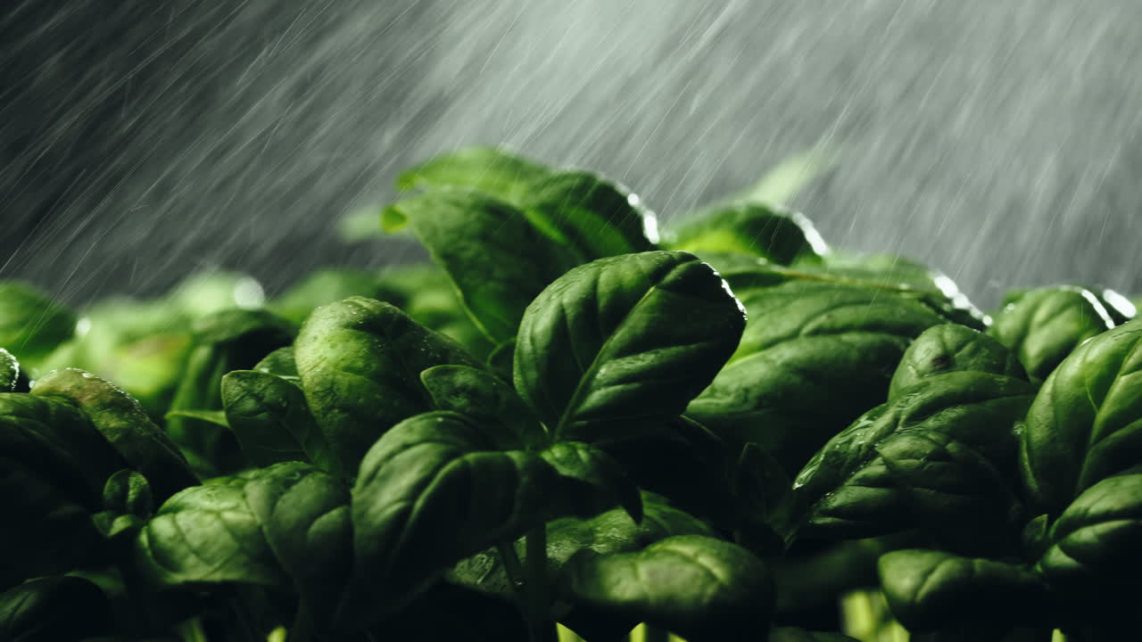 plantas frescas de albahaca y espinaca bajo la lluvia