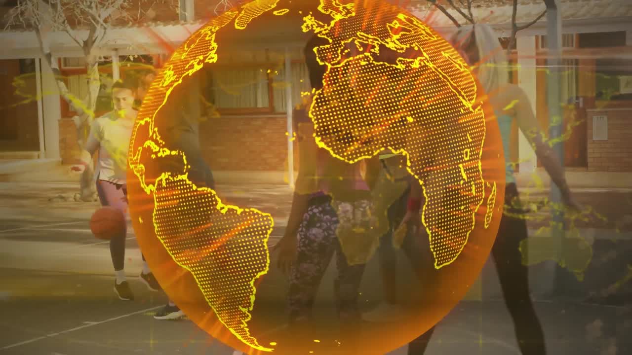 animación del globo sobre el equipo femenino jugando baloncesto