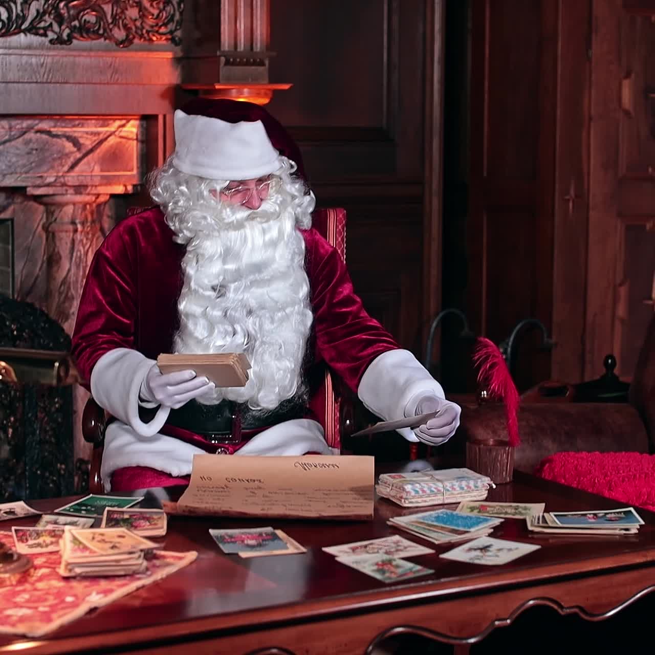 Busy Santa looking through the Christmas cards. Preparation for holidays. Santa Claus working in his cabin near fireplace