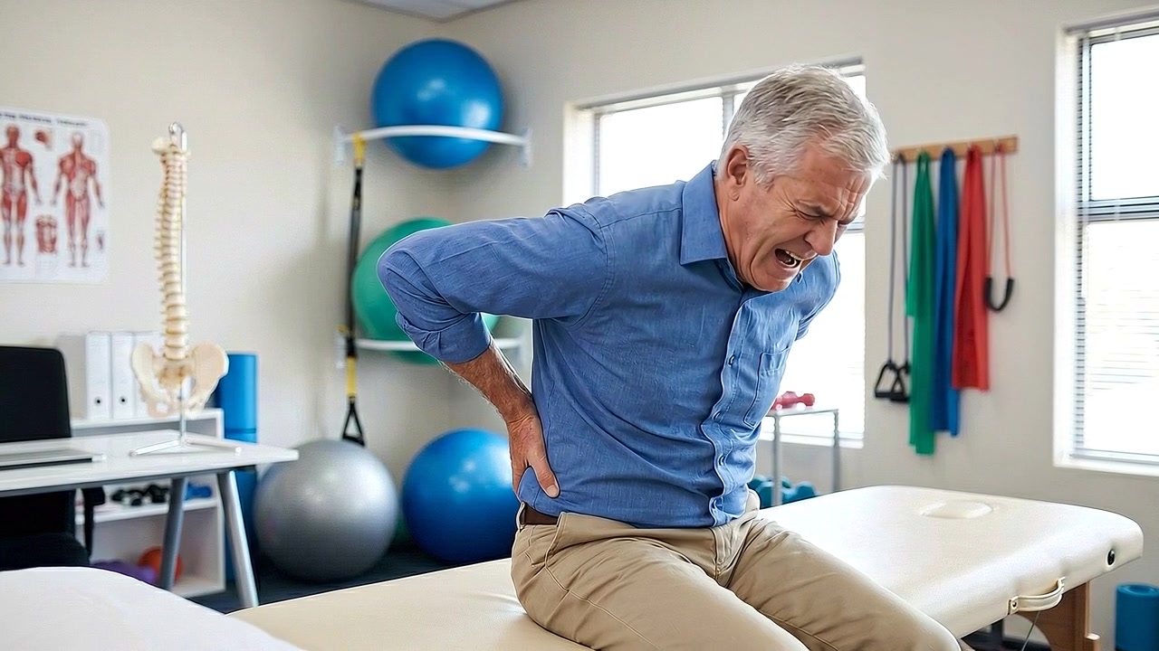 Senior Man Experiencing Back Pain in Physical Therapy Clinic