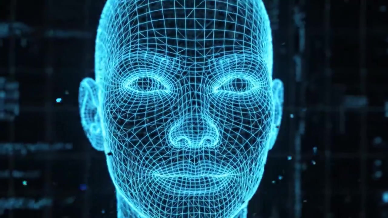 Una rappresentazione futuristica in wireframe 3D di una testa umana, che mostra tecnologia avanzata e concetti di arte digitale all'interno di un ambiente ad alta tecnologia caratterizzato da schemi di dati.