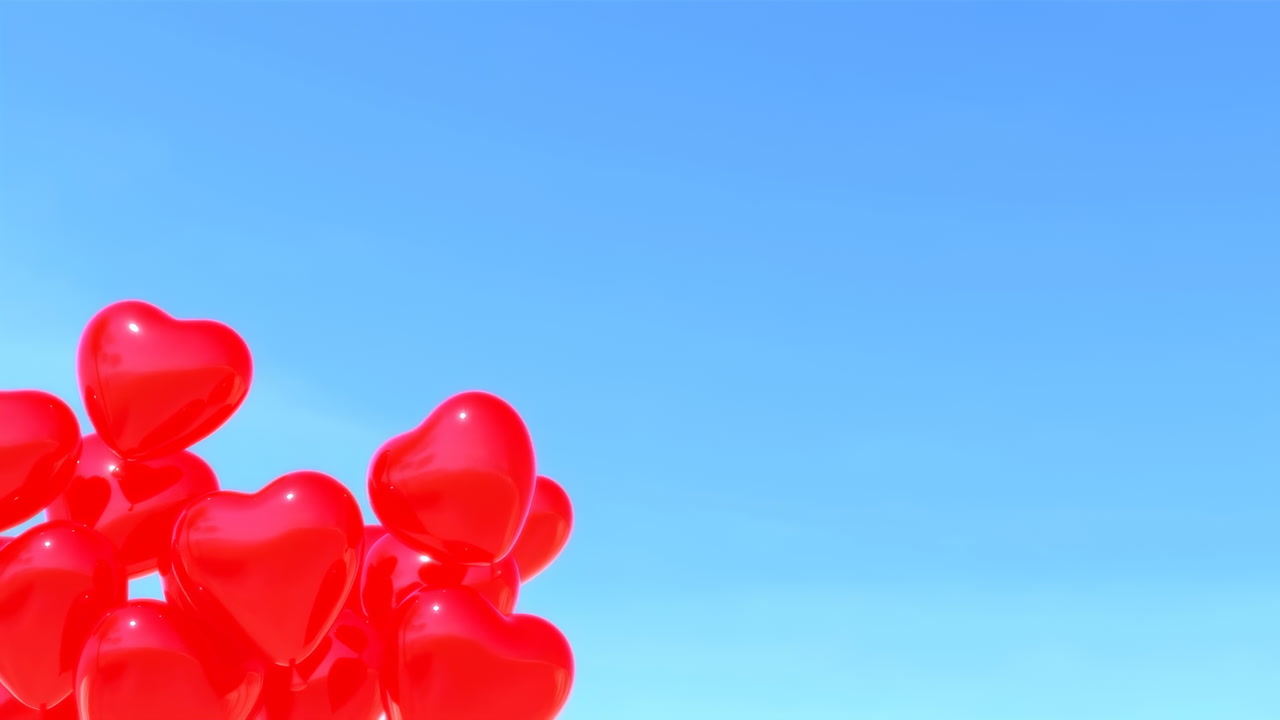 Red Heart Balloons Against Blue Sky, Glossy Helium Cluster Drifting Across Clear Summer Sky, Bright Sunlight