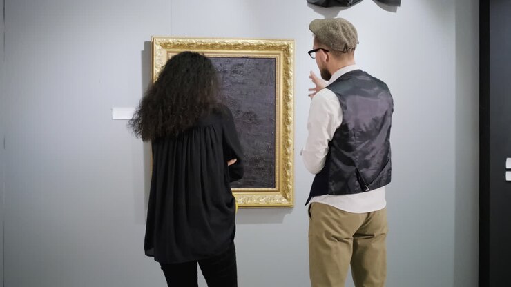 Visitatori che osservano un dipinto in una galleria d'arte