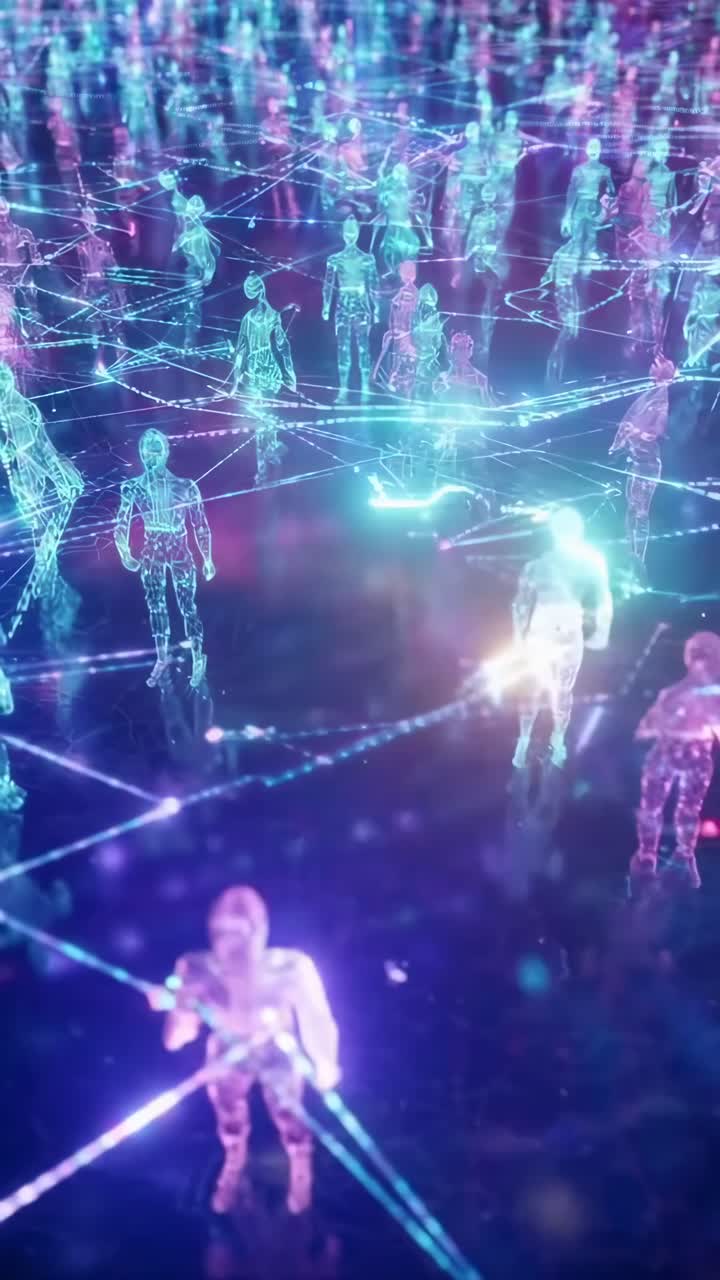 Futuristic video concept with glowing holographic figures. High-angle view of a digital network