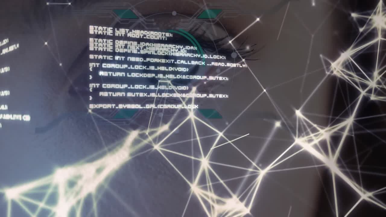 Network of connections and data processing against close up of female eye
