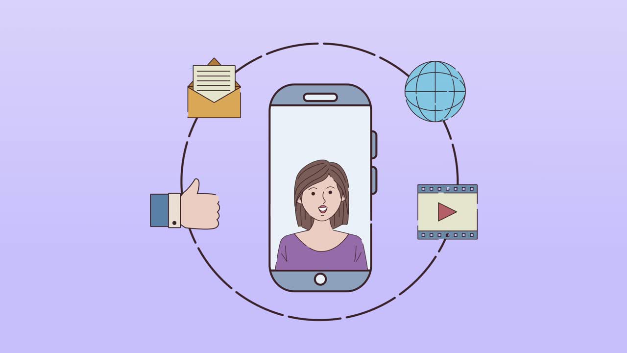digital work animation with woman in smartphone in icons