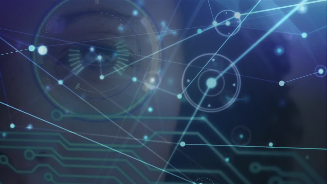 Animation of network of connections and data processing on blue background