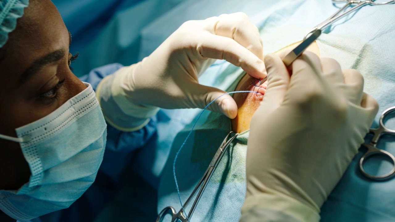Mãos enluvadas passando agulha de sutura em sala de cirurgia, suturando incisão que precisa de fechamento, usando máscara e avental.