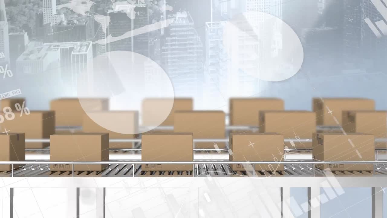 컨베이어 벨트와 도시 풍경에 있는 카드보드 상자 위의 통계 처리의 애니메이션