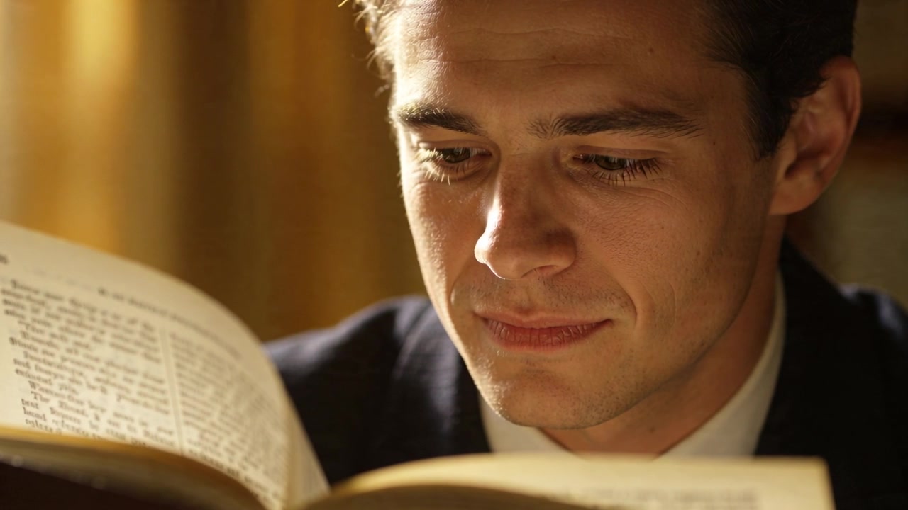 Hombre leyendo con blazer oscuro y camisa blanca, con un libro abierto que atrae su mirada en el estudio, concentrándose y absorbiendo el texto.