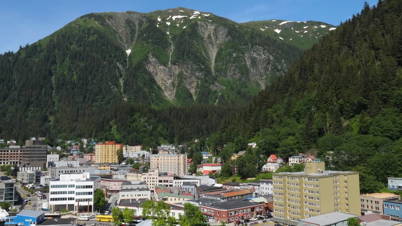 Mount Juneau on a sunny summer day and the city of Juneau at the foot of the mountain, Alaska.