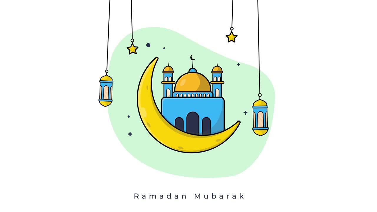 Augurio Animato Ramadan Mubarak con Moschea e Luna Crescente