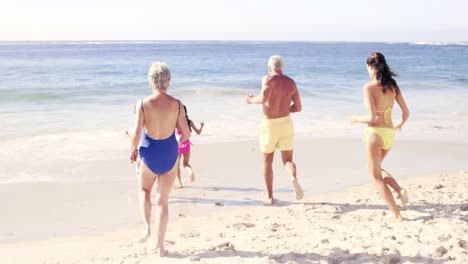 Süße-Familie-Läuft-Im-Wasser-Am-Strand