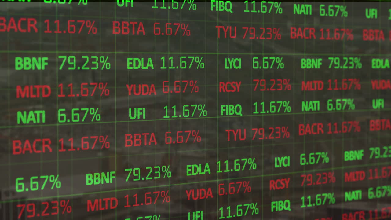 Fluctuating percentages in red and green text showing stock market data animation