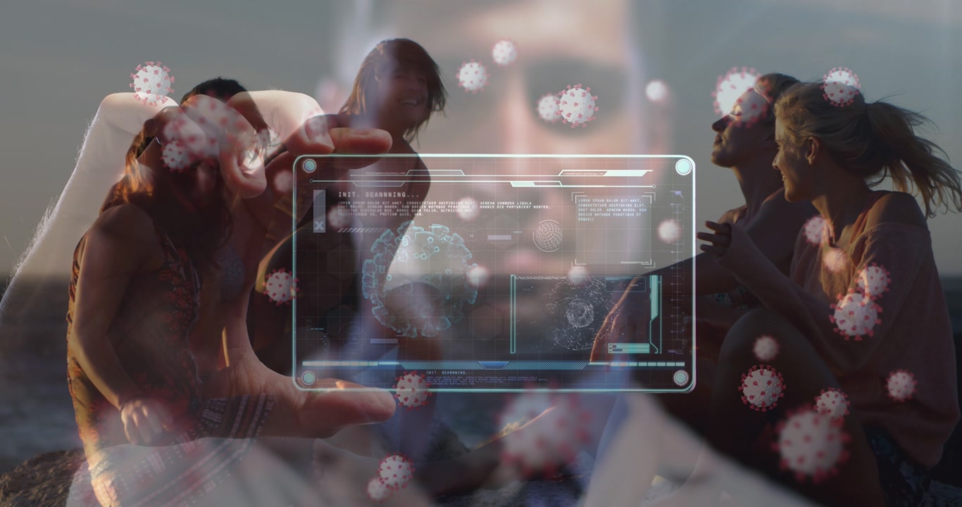 Animation of covid 19 virus cells over caucasian male doctor with tablet and female friends on beach