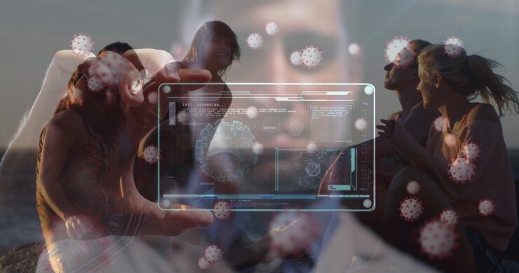 Animation of covid 19 virus cells over caucasian male doctor with tablet and female friends on beach