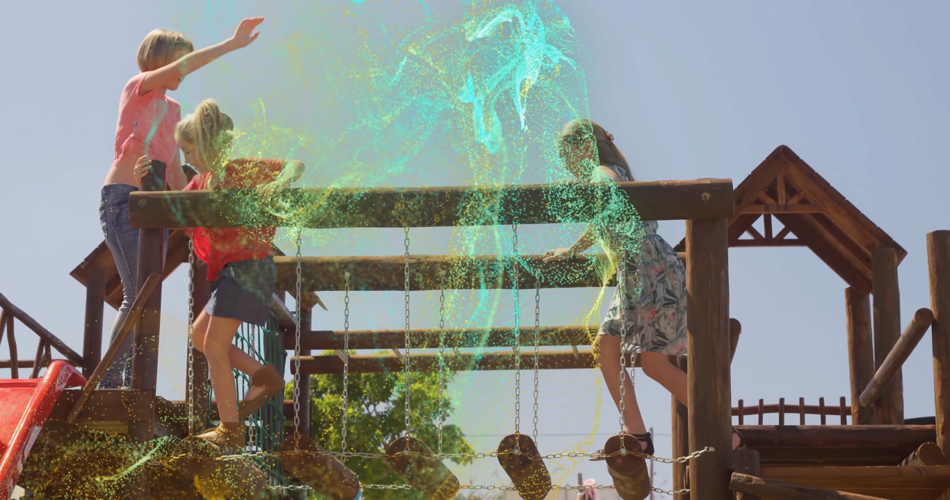 Girl stepping on chain-log bridge, activating green-yellow energy using tech, friends following