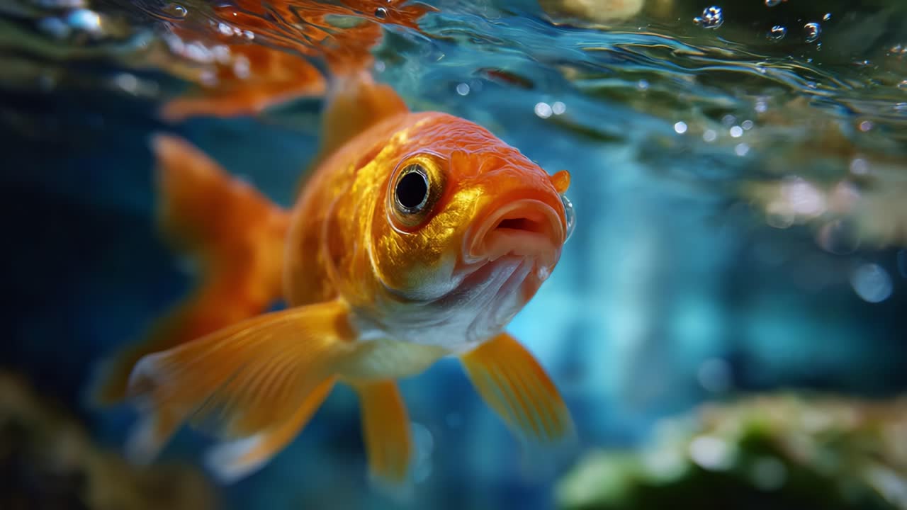 Un'incantevole vista subacquea di un vivace pesce rosso che nuota con grazia in un habitat acquatico cristallino, ricco di bolle e colorati scenari sottomarini